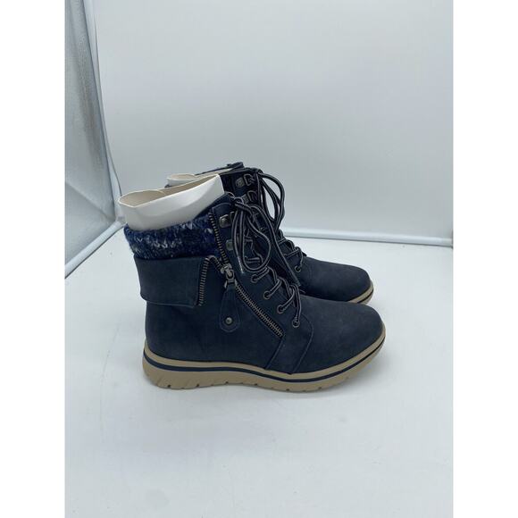 New Cliffs By White Mountain Hope Suede‎ Ankle Boot Sweater Knit Lining Navy 7M - Picture 2 of 6